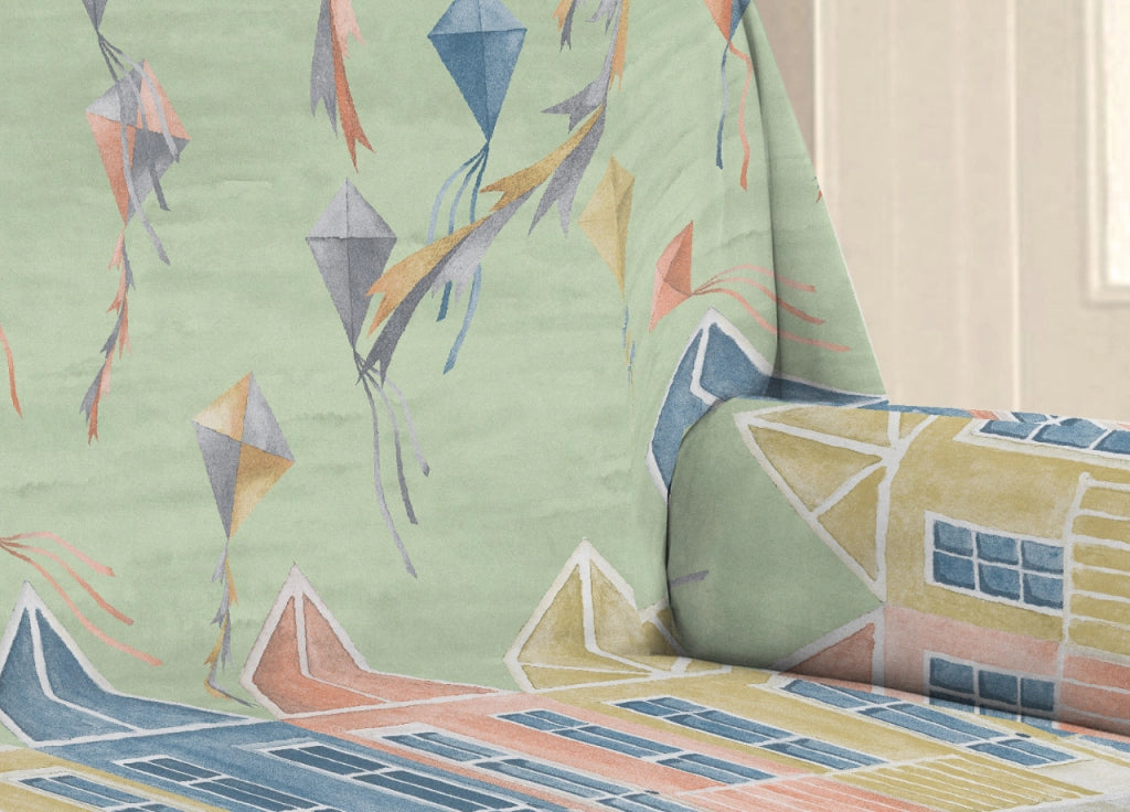 Telo Arredo Multiuso Linea Pensieri Delicati In Cotone Disegno Aquiloni - Matrimoniale - Verde