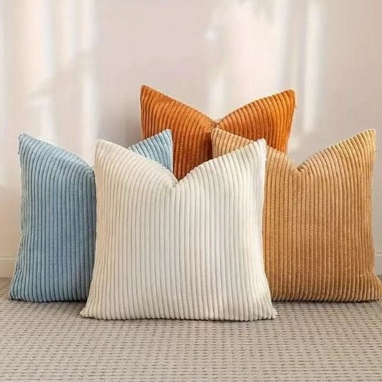 Set di cuscini quadrati decorativi in corduroy morbido e flanella a strisce, confezione da 4, per arredamento di soggiorno o camera da letto, 45 x 45 cm, Bianco/Bruno