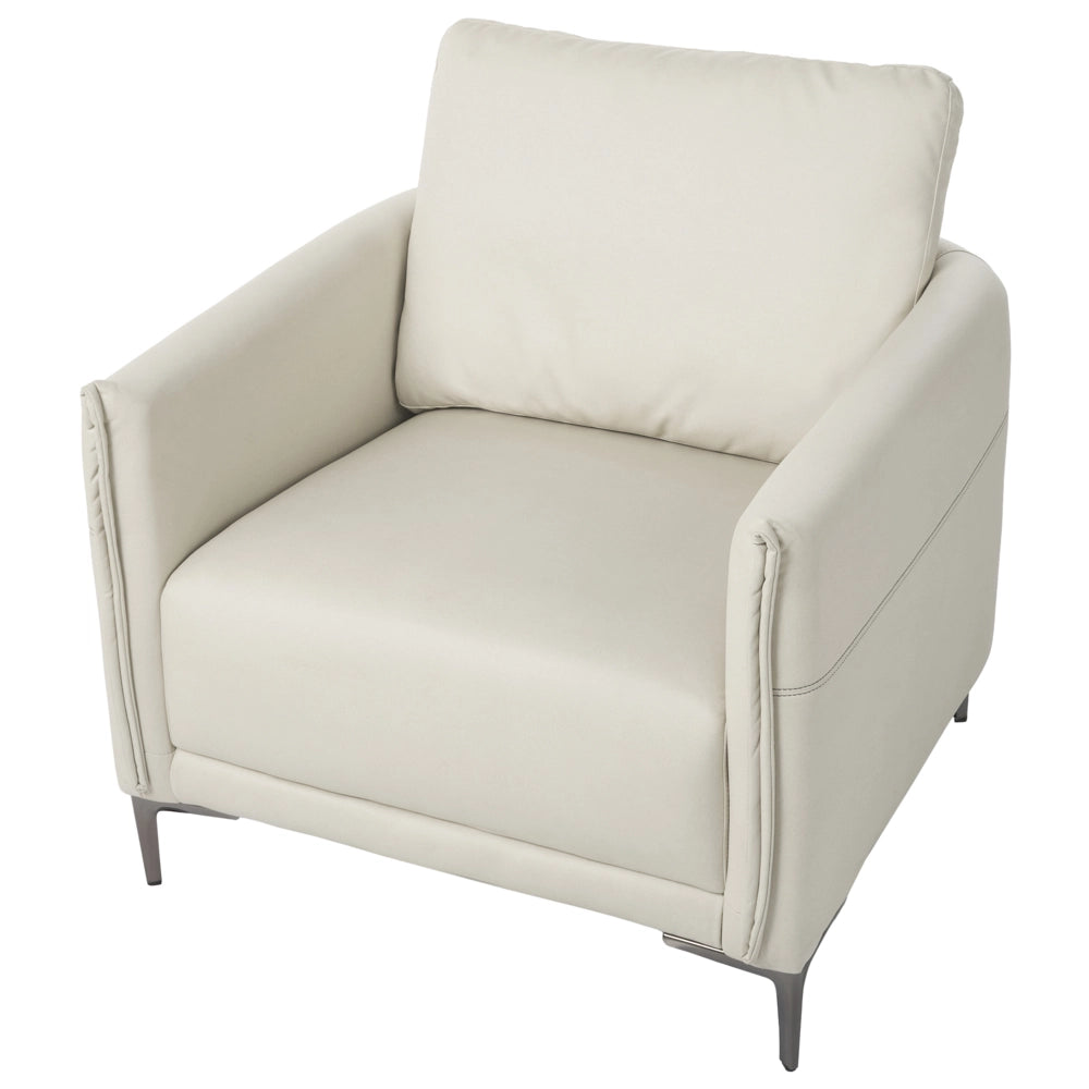 Poltrona beige chiaro imbottita in tessuto con gambe in metallo stile moderno minimalista