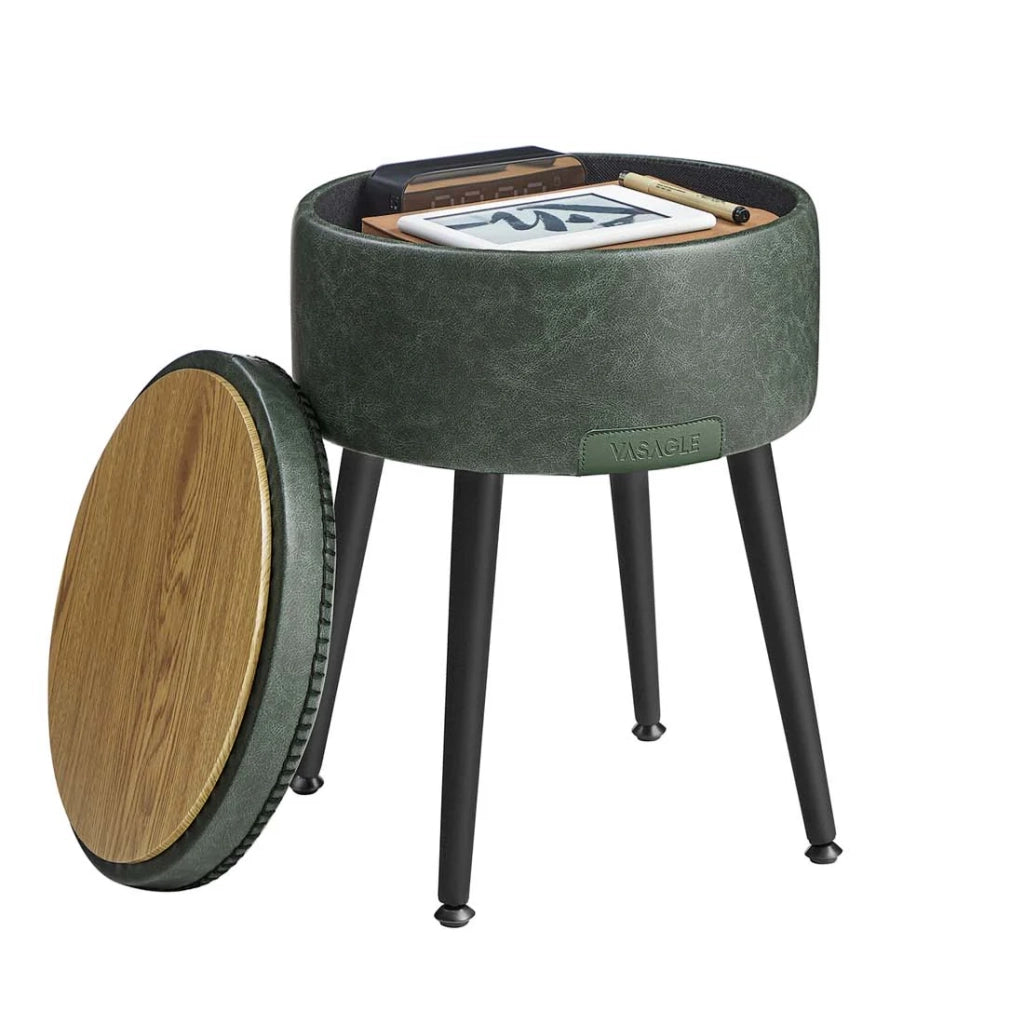 Pouf contenitore sgabello da toeletta in PU con cuciture moderno sgabello rotondo di metà secolo con gambe in acciaio capacità 150 kg verde 12_0005358