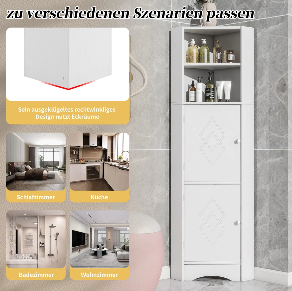 Mobile angolare da bagno bianco con ripiani, 36,5 x 36,5 x 155 cm