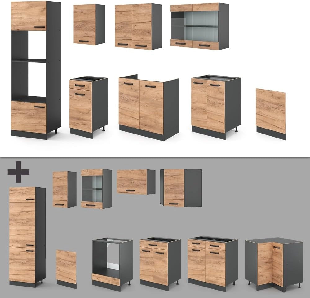 Cucina componibile R-Line, Quercia dorata, 300 cm con armadio alto, senza piano di lavoro, adatto per combinazioni ed espansioni personalizzate
