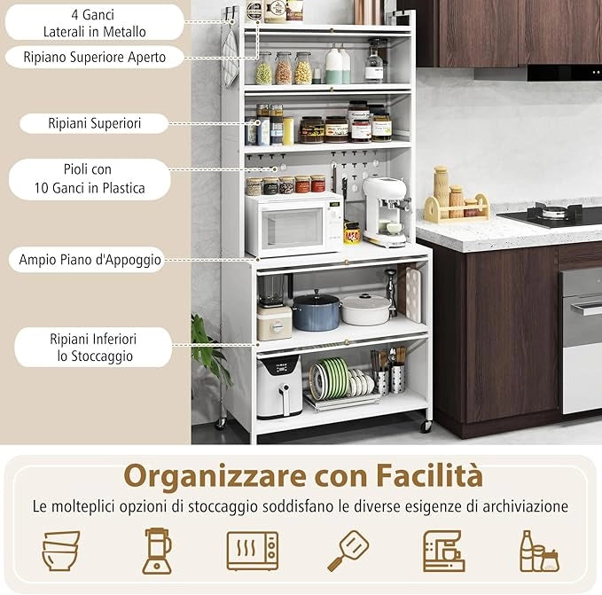 Credenza Alta per Cucina con 6 Ripiani e 4 Ante a Ribalta Traslucide, Mobile Cucina con Ruote e Panello a Ganci, Armadio Cucina Porta Microonde (80 x 40 x 178 cm,Bianco)