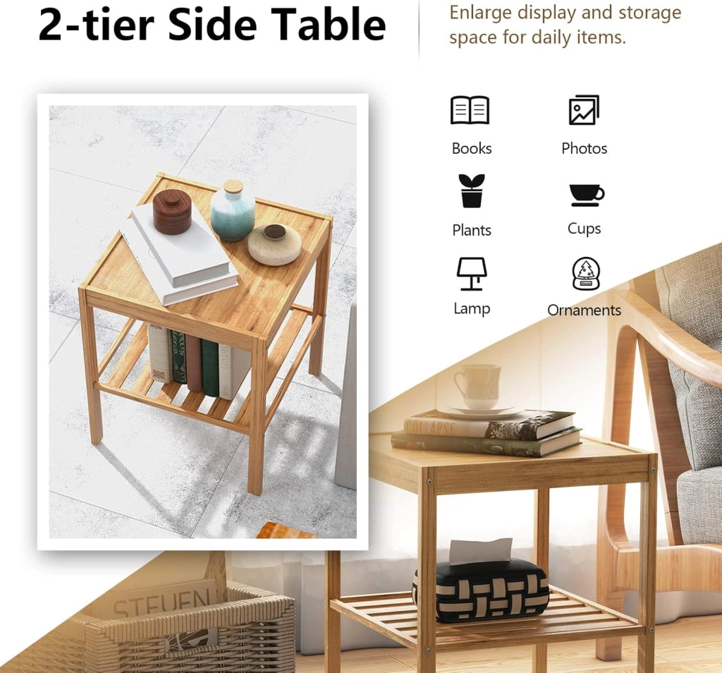 Set di 2 Comodini in Bambù, Comodino Camera da Letto, Tavolo Piccolo per Soggiorno, Ufficio, Cucina, 40x40x45 cm, Naturale