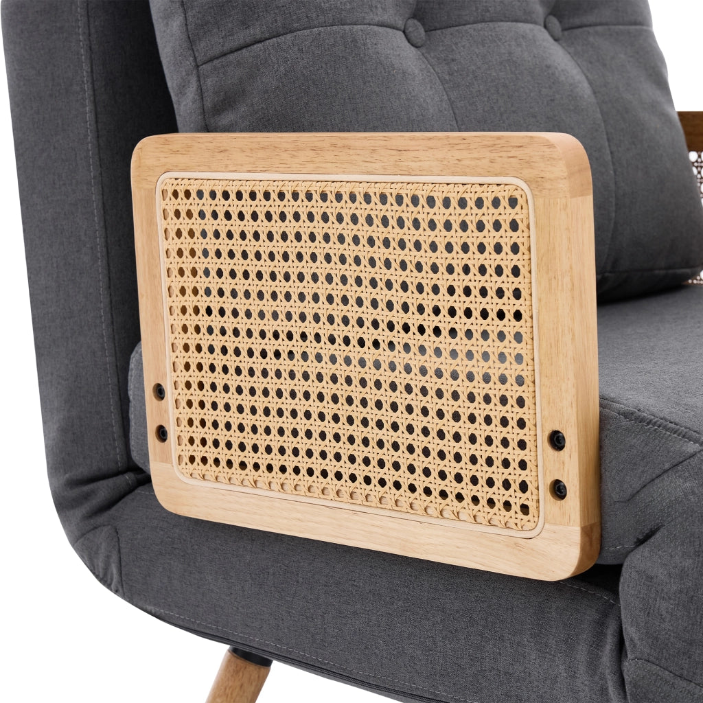 Poltrona letto 3 in 1 in tessuto lino grigio con schienale regolabile e braccioli in rattan