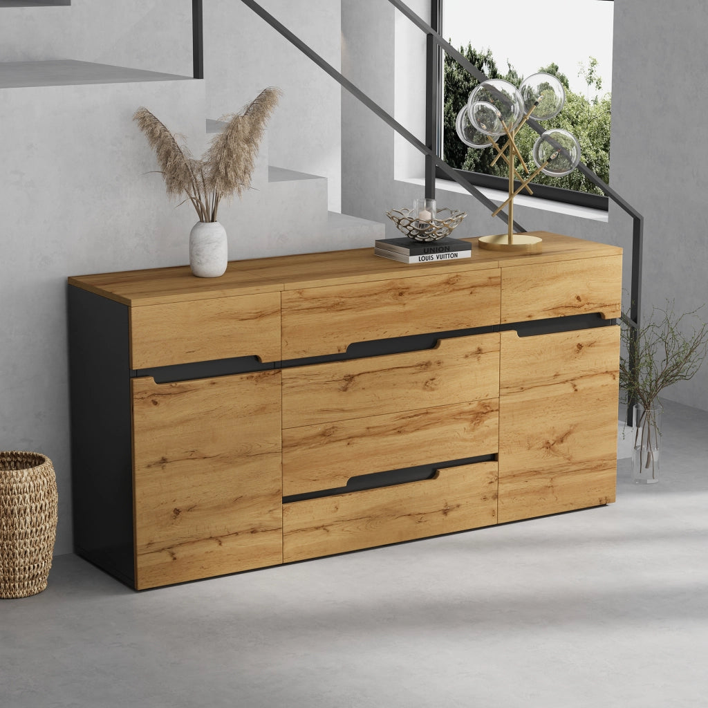 Credenza e madia con 2 ante e 4 cassetti, per soggiorno, in truciolato, color legno e nero, 160 × 40 × 80 cm