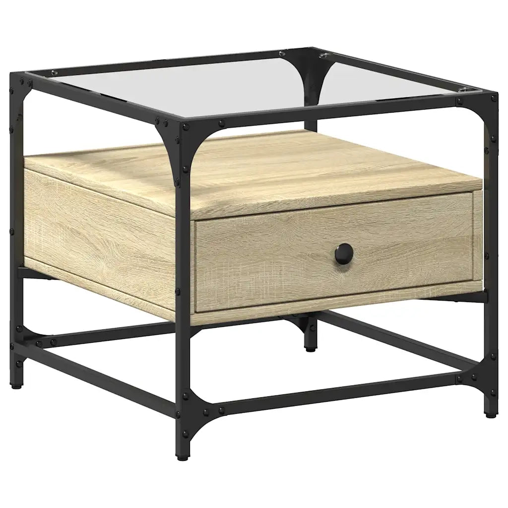Tavolino da salotto | Tavolino da caff¨¨ | Tavolino da Soggiorno con Piano in Vetro Rovere Sonoma 50x50x45 cm Acciaio