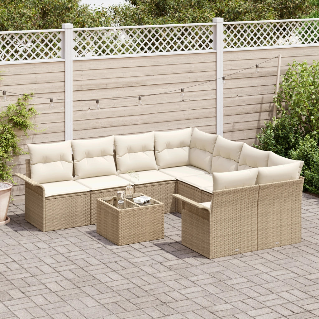 Set Divano da Giardino a 9 Pezzi con Cuscini Beige in Rattan Sintetico