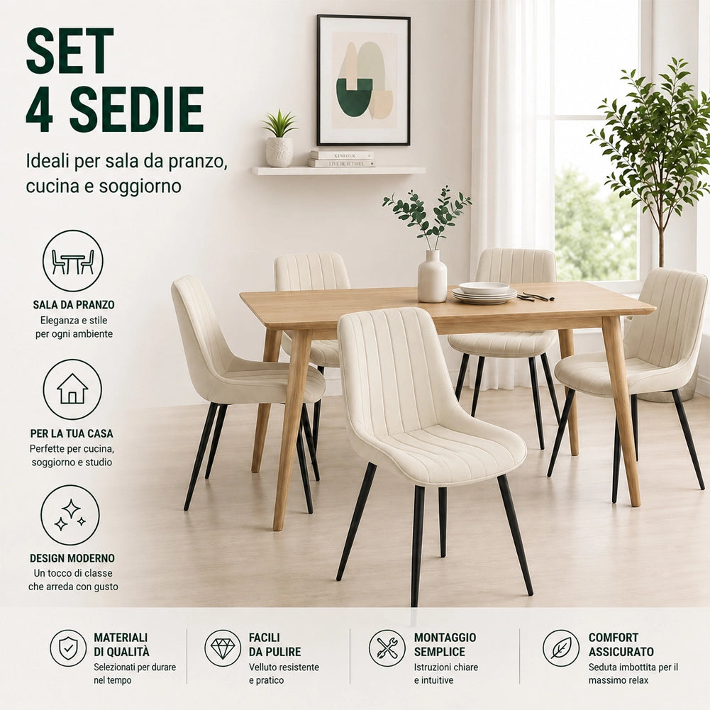Set 4 Sedie da Pranzo Crema in Velluto Seduta Ergonomica e Struttura in Acciaio