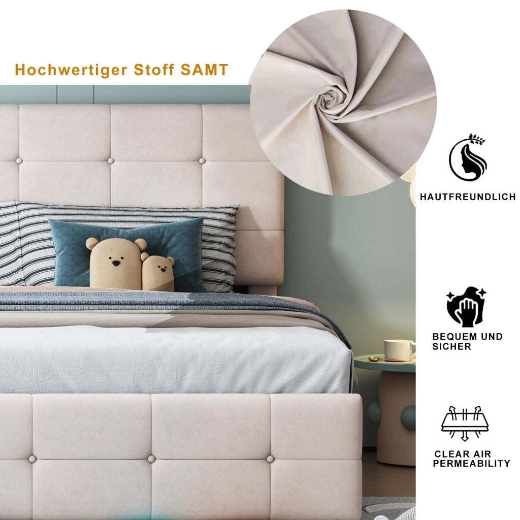 OKWISH Letto Contenitore 180×200 cm, Letto Matrimoniale con Sollevamento Idraulico, Testiera Regolabile e Convertibile, senza Materasso, Beige