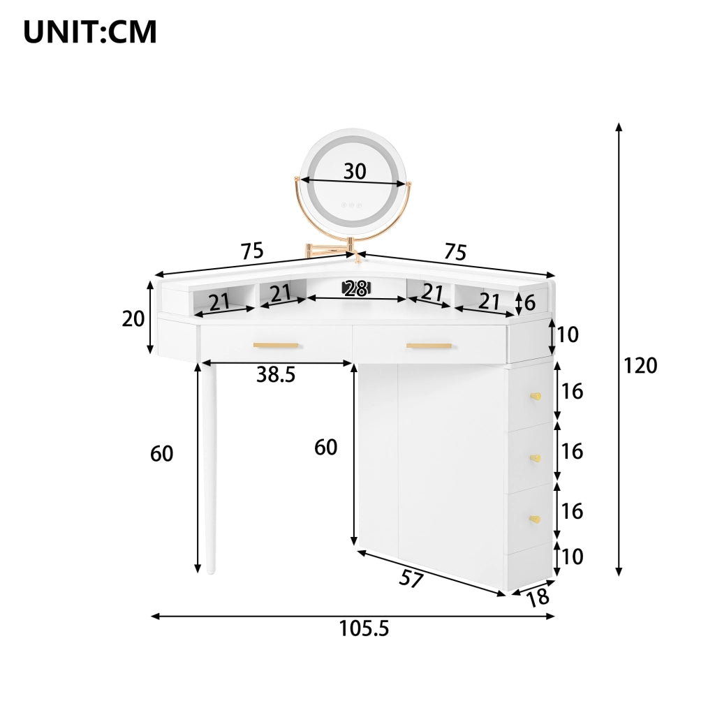 Scrivania Angolare Toeletta con Specchio LED e 5 Cassetti ¨C MINIMAL ¨C Bianco 105.5x75x120 cm