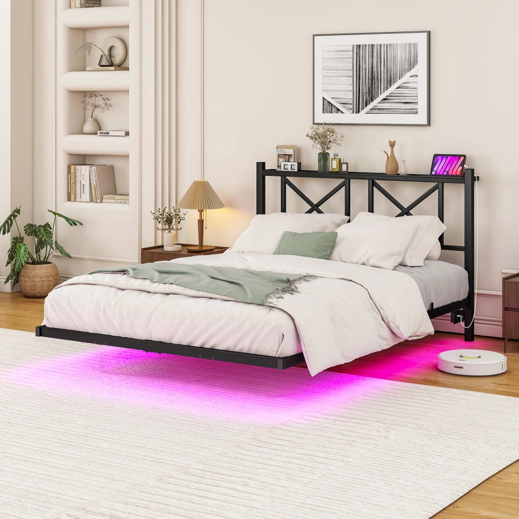 Letto matrimoniale 120 × 200 cm con illuminazione LED, stazione di ricarica et ripiano testiera, senza materasso, in metallo nero