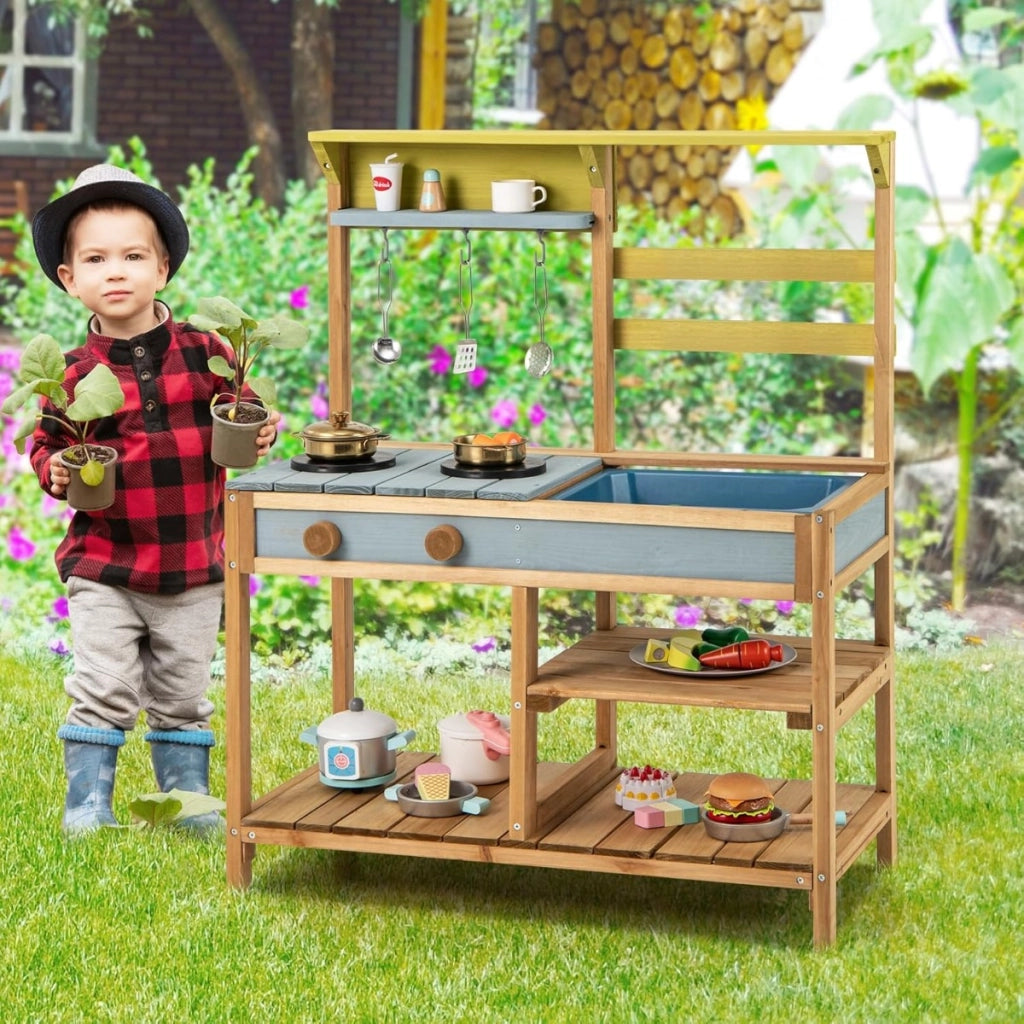 Cucina da gioco con lavello per bambini 3+ anni, Cucina in legno di pino con fornelli manopole e lavello Naturale-Cucine giocattoli
