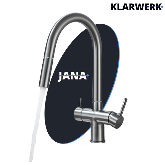 Jana | Raccordo estensibile premium a 3 vie grigio titanio opaco | Rubinetto osmosi da cucina in acciaio inox |. Filtro 3 connessioni ad arco alto