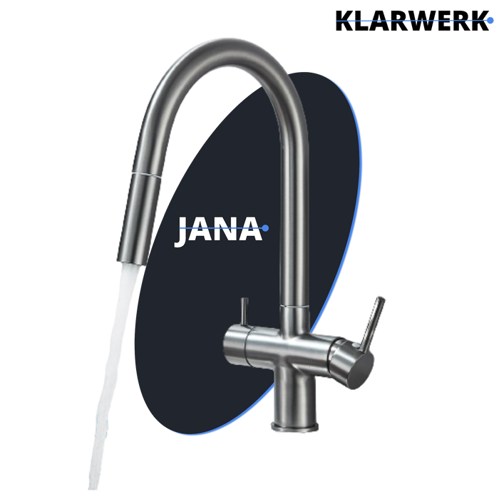 Jana | Raccordo estensibile premium a 3 vie grigio titanio opaco | Rubinetto osmosi da cucina in acciaio inox |. Filtro 3 connessioni ad arco alto