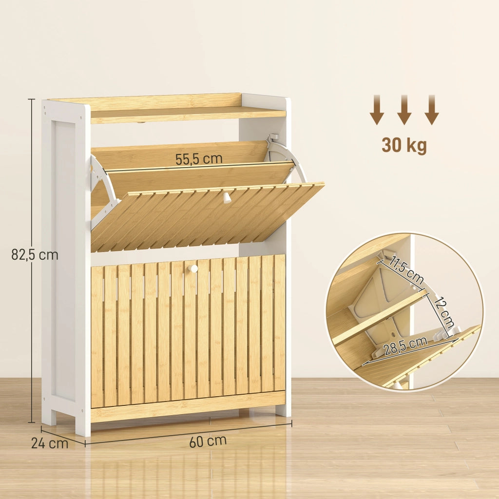Mobiletto Portascarpe con 2 Ante in Bamb¨´ e Ripiani Regolabili ¨C Zephmum ¨C Bianco e Naturale 60x40x138 cm