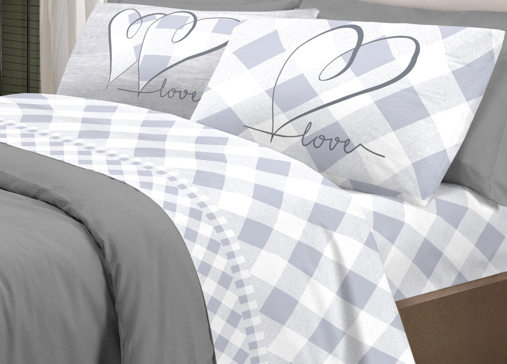 Completo Lenzuola Letto Pensieri Delicati 100% Cotone Dis.Lovely Check - Piazza E Mezza - Grigio