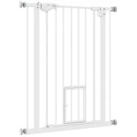 Cancelletto per Cani con Porta Piccola, Montaggio a Pressione e Chiusura Automatica, 74-80x91.4cm, Bianco