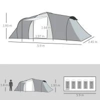 Tenda da Campeggio 5 Posti con 2 Camere Impermeabile con Baldacchino, 590x245x193 cm, Grigio