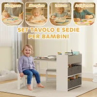 Set Tavolo e Sedie per Bambini con 2 Sedie e Tavolino Contenitore, in Legno e Tessuto non Tessuto, Grigio e Bianco