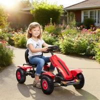 Go Kart a Pedali per Bambini 5-12 Anni con Sedile Regolabile e Freno a Mano, 121x58x61 cm, Rosso