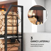 Portalegna da Esterno e Interno a 2 Livelli con 3 Ganci Laterali in Acciaio, 41x30x81 cm, Nero