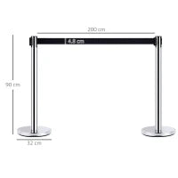 Outsunny Set 2 Colonnine Segnapercorso con Nastro Estendibile di 2 m, Paletti Delimitazione in Acciaio Inox e Nylon, Ø32x90 cm, Nero e Argento