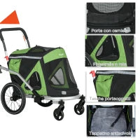 Rimorchio Bici e Passeggino per Cani 2 in 1 Pieghevole con Catarifrangenti e Bandierina, Verde