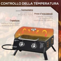 Barbecue a Gas Pieghevole con Coperchio, Termometro e 2 Bruciatori in Acciaio, 55x46.5x41 cm, Nero