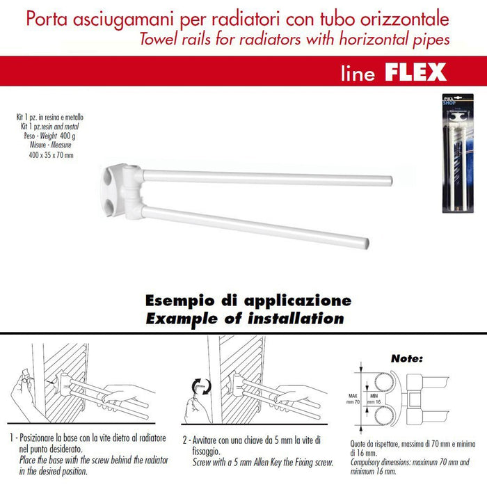Pika' portasalviette 2 bracci porta asciugamani flex in metallo bianco lunghezza 35 cm