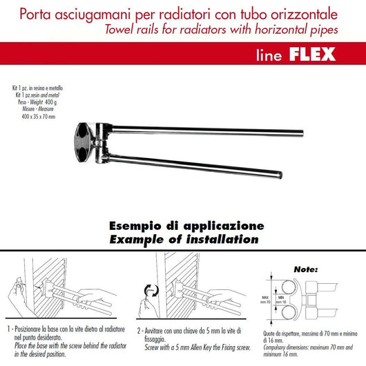Pika' portasalviette 2 bracci porta asciugamani flex in metallo cromato lunghezza 35 cm