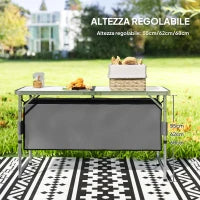 Tavolino da Campeggio Picnic con Base per Cibi e Bevande Altezza Regolabile Pieghevole Alluminio, Legno 120x47x55/62/68cm