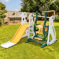 Scivolo per bambini 4-in-1 con altalena, scala e canestro da basket, regolabile in altezza, facile da montare, 113×100×94,5 cm,Verde Antico
