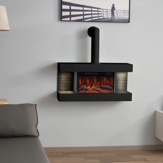 Camino elettrico LIZ con tubo del camino- Caminetto da parete con riscaldamento, effetto fiamma 3D, luce ambiente a LED, telecomando - Nero