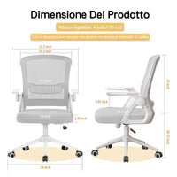 Sedia Ufficio Ergonomica - RATTANTREE - Con Braccioli Pieghevoli, Rete Respirante, Funzione Oscillante 90-105° - Grigio