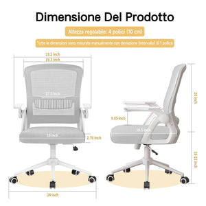 Sedia Ufficio Ergonomica - RATTANTREE - Con Braccioli Pieghevoli, Rete Respirante, Funzione Oscillante 90-105° - Grigio