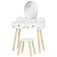 Set Toeletta per Bambini da 3 Anni con Specchio Illuminato e Sgabello, 2 Cassetti e 2 Scatole, Bianco