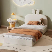 Letto imbottito con testiera a forma di coniglio, letto per bambini con doghe in legno, senza materasso, 90×200 cm, Beige