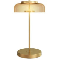 Lampada da Tavolo LED, Paralume Ambra in Vetro, Base Metallo Dorato, Ø23 x H40 cm