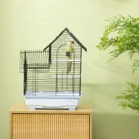 Gabbia per Uccelli in Metallo con Maniglia, Vassoio Estraibile, Pioli e Altalena, 39x33x47cm, Bianco