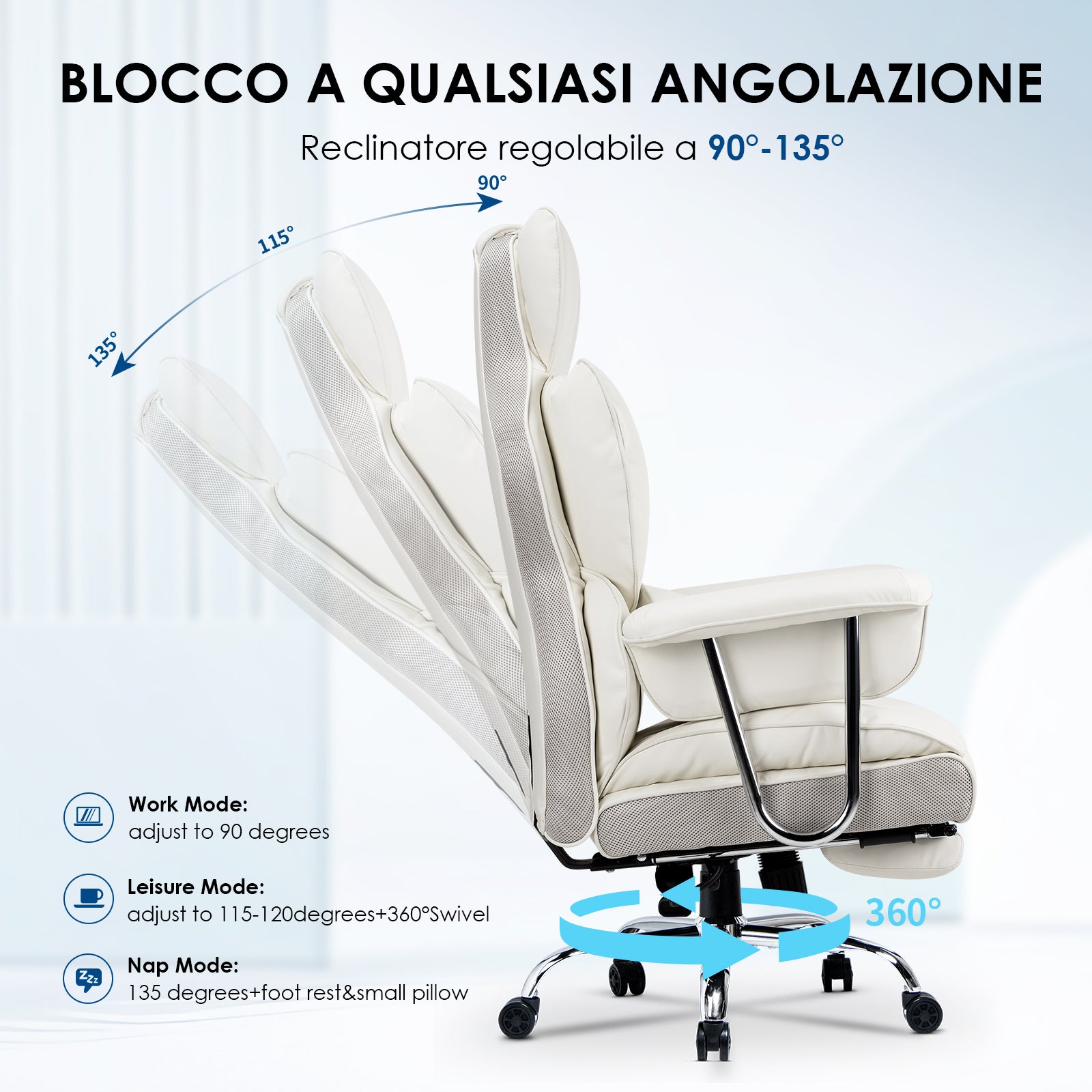 Sedia ufficio con rotelle - RATTANTREE - Poltrona presidenziale con Poggiapiedi Retrattile - Bianco