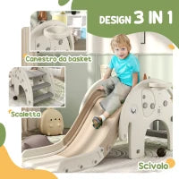 Scivolo per Bambini da Interno 3 in 1 con Canestro e Design a Elefante, Età 1-3 Anni, Bianco Crema