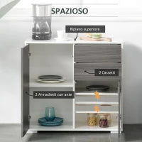 Mobiletto 2 Cassetti e 2 Ante, Apertura a Pressione, Mobile con 2 Cassetti e 2 Ante per Casa e Ufficio, 79x36x74cm, Grigio Chiaro e Bianco