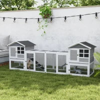 Conigliera in Legno da Esterno con 2 Casette e Area Aperta Recintata con Porte e Rampe, 259x64x92 cm, Grigia