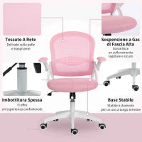 Sedia da Ufficio Ergonomica e Regolabile con Schienale a Rete e Seduta Imbottita, 65.5x61.5x88-97.5 cm, Rosa