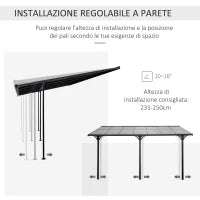 Pergola Addossata da Giardino 4.4x3m Regolabile in Policarbonato e Alluminio, Grigio