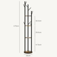 Appendiabiti da Terra Girevole con 8 Ganci e 4 Mensole in Stile Industriale, Ø30x175cm, Marrone