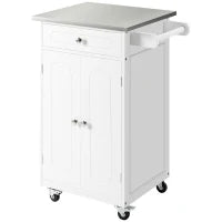 Carrello da Servizio per Cucina con Ruote Multi Stoccaggio, 1 Cassetto, Armadio Doppia Porta con Ripiano, Porta Strofinacci, MDF Bianco e Acciaio Inox