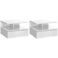 Set da 2 Comodini Moderni Sospesi con Cassetto e Mensola in Legno 35x32x22.5cm, Bianco Lucido