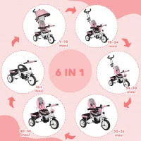 Triciclo per Bambini con Maniglione 6 in 1, Tettuccio Regolabile e Cintura di Sicurezza, Età 1-5 Anni, Rosa